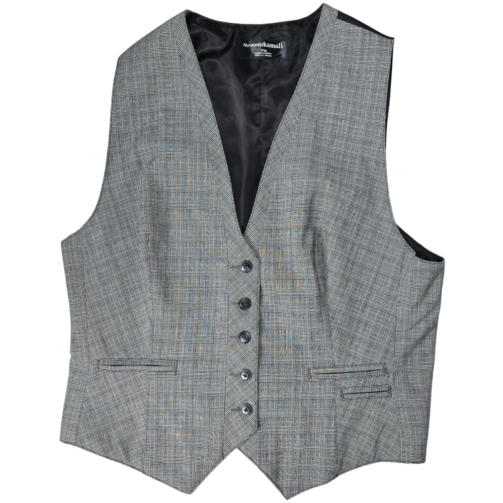 Norma Kamali Plaid Vest Womens XL Gray Black Formal Lined Pockets Sleeveless
